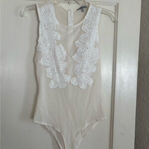 Charlotte Russe White Sheer Floral Applique Bodysuit